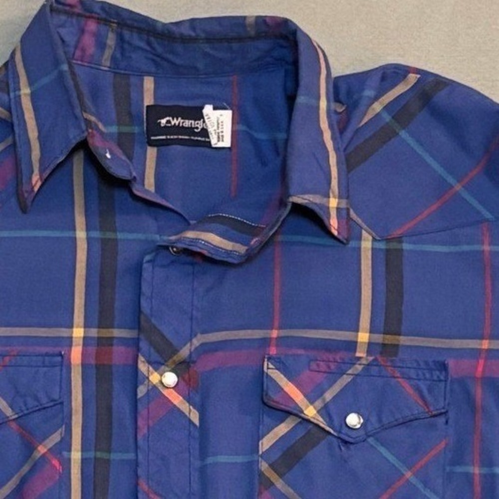 VTG Wrangler Western Pearl Snap Plaid Shirt‎ Mens XL Blue USA Westerncore